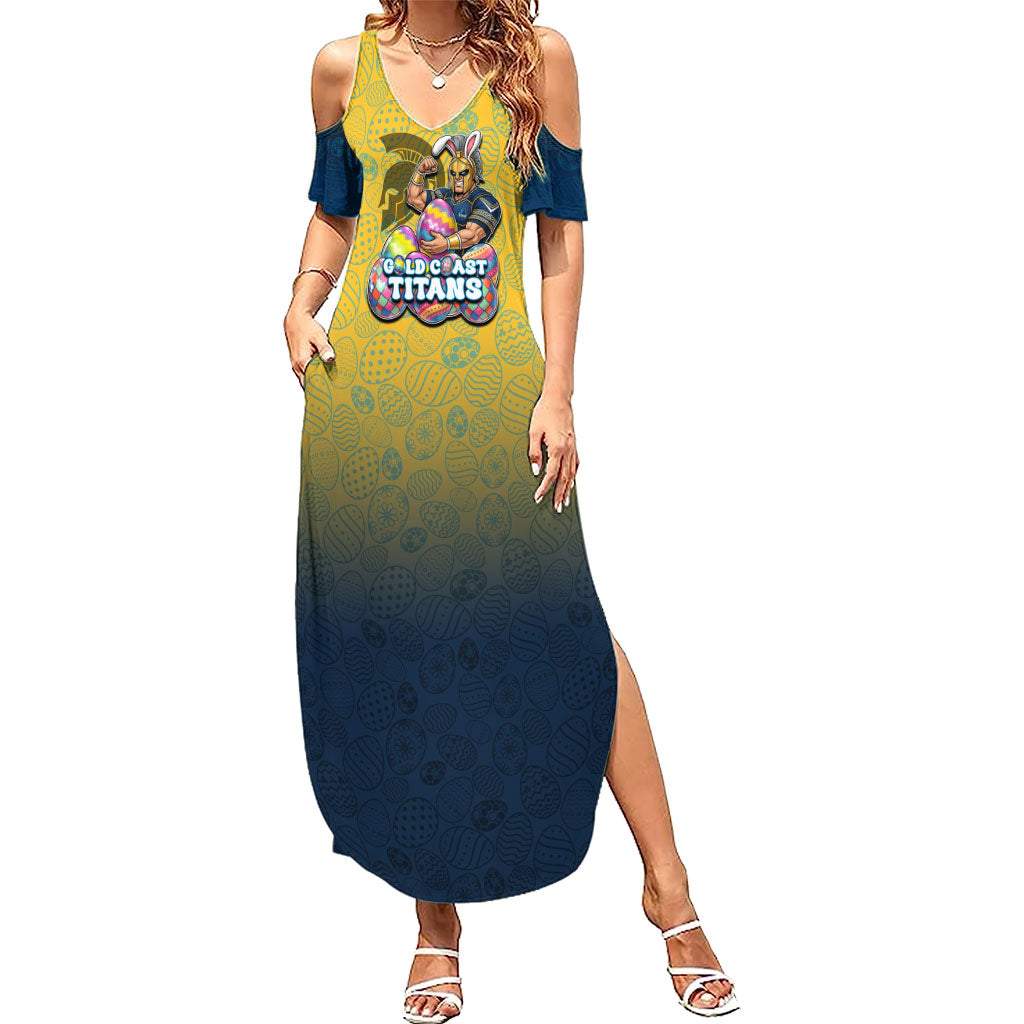 Personalized Gold Coast Titans Summer Maxi Dress Easter Mascot - Colorful Eggs Cartoon Style