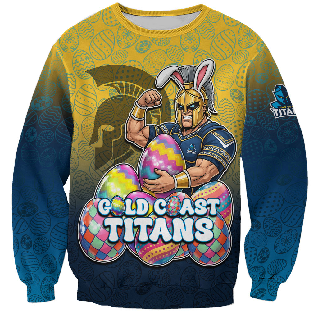 Personalized Gold Coast Titans Sweatshirt Easter Mascot - Colorful Eggs Cartoon Style