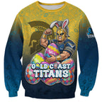 Personalized Gold Coast Titans Sweatshirt Easter Mascot - Colorful Eggs Cartoon Style