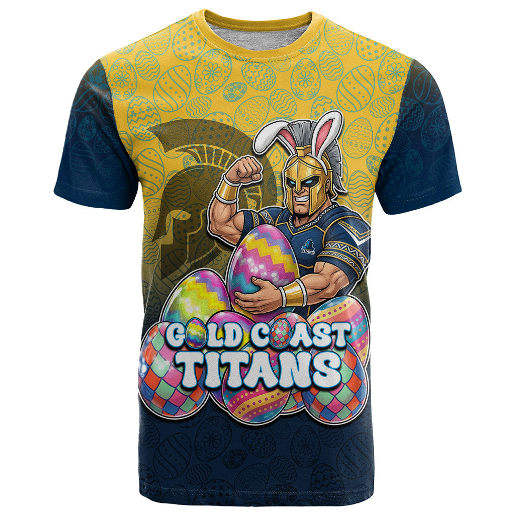 Personalized Gold Coast Titans T Shirt Easter Mascot - Colorful Eggs Cartoon Style