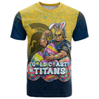 Personalized Gold Coast Titans T Shirt Easter Mascot - Colorful Eggs Cartoon Style