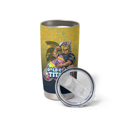 Personalized Gold Coast Titans Tumbler Cup Easter Mascot - Colorful Eggs Cartoon Style
