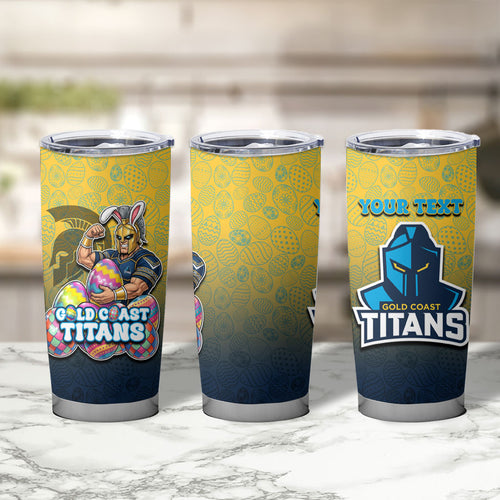 Personalized Gold Coast Titans Tumbler Cup Easter Mascot - Colorful Eggs Cartoon Style