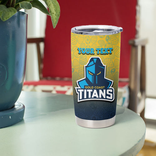 Personalized Gold Coast Titans Tumbler Cup Easter Mascot - Colorful Eggs Cartoon Style