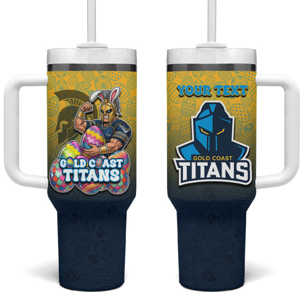Personalized Gold Coast Titans Tumbler With Handle Easter Mascot - Colorful Eggs Cartoon Style