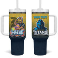 Personalized Gold Coast Titans Tumbler With Handle Easter Mascot - Colorful Eggs Cartoon Style
