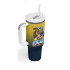 Personalized Gold Coast Titans Tumbler With Handle Easter Mascot - Colorful Eggs Cartoon Style