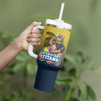 Personalized Gold Coast Titans Tumbler With Handle Easter Mascot - Colorful Eggs Cartoon Style