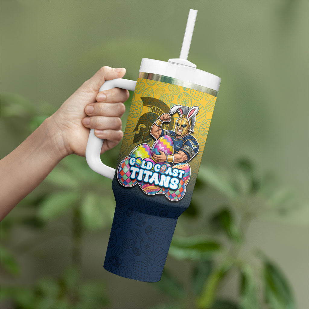 Personalized Gold Coast Titans Tumbler With Handle Easter Mascot - Colorful Eggs Cartoon Style