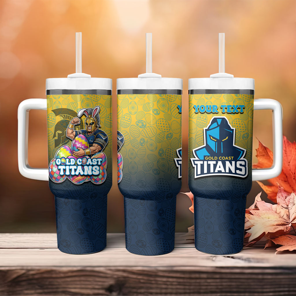 Personalized Gold Coast Titans Tumbler With Handle Easter Mascot - Colorful Eggs Cartoon Style