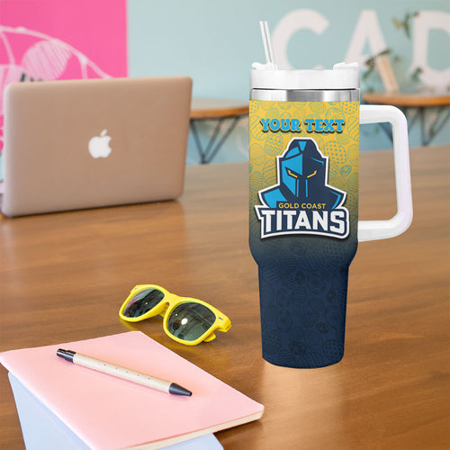 Personalized Gold Coast Titans Tumbler With Handle Easter Mascot - Colorful Eggs Cartoon Style