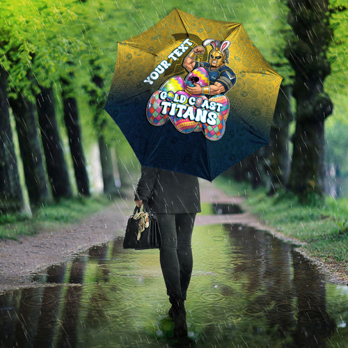 Personalized Gold Coast Titans Umbrella Easter Mascot - Colorful Eggs Cartoon Style