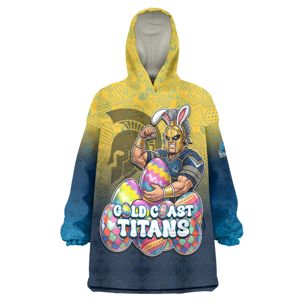 Personalized Gold Coast Titans Wearable Blanket Hoodie Easter Mascot - Colorful Eggs Cartoon Style