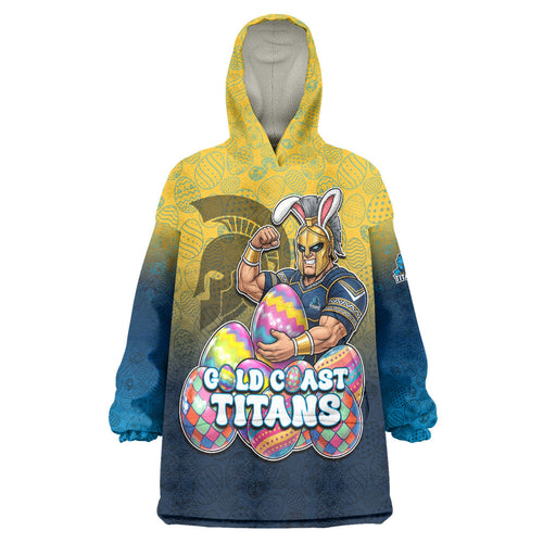 Personalized Gold Coast Titans Wearable Blanket Hoodie Easter Mascot - Colorful Eggs Cartoon Style