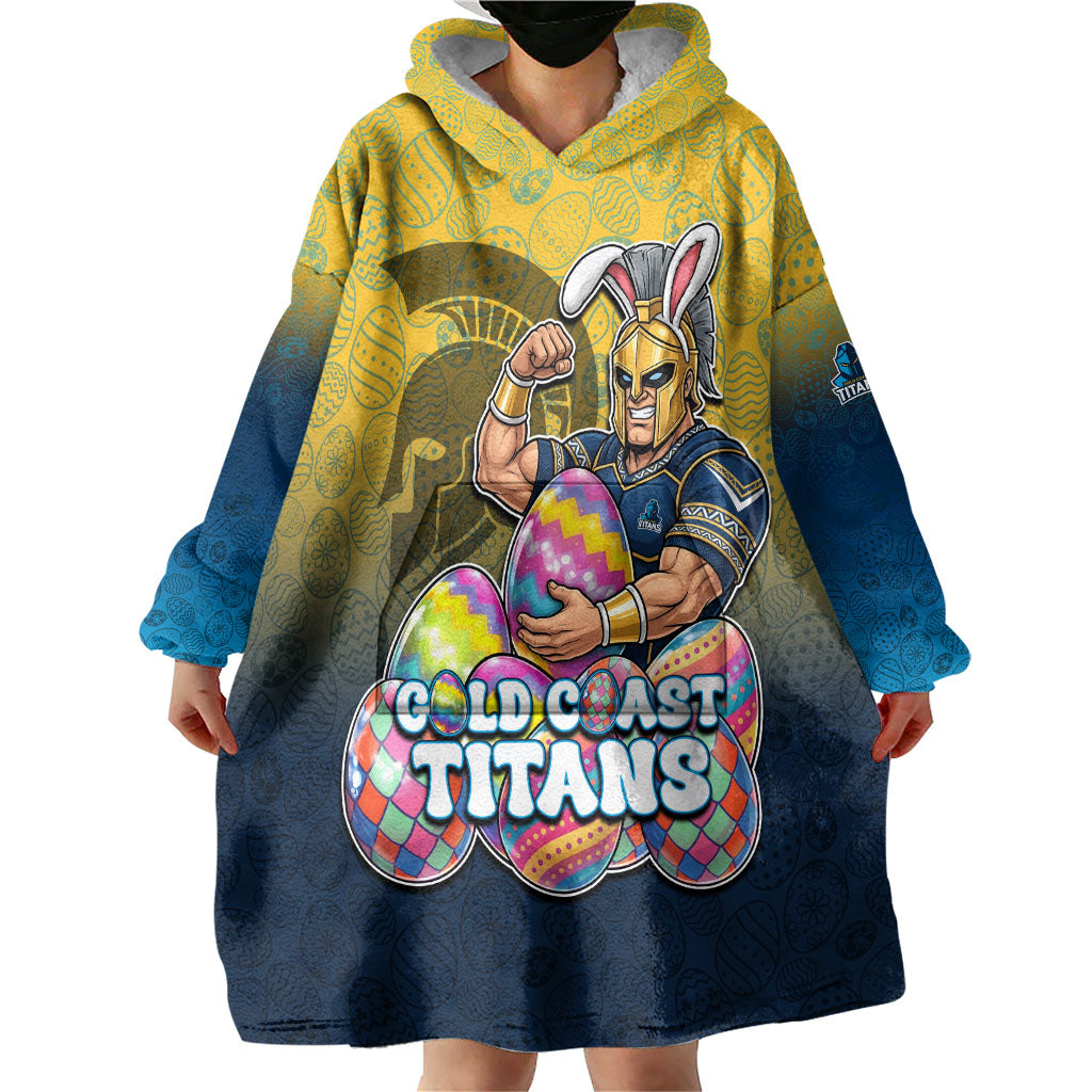 Personalized Gold Coast Titans Wearable Blanket Hoodie Easter Mascot - Colorful Eggs Cartoon Style