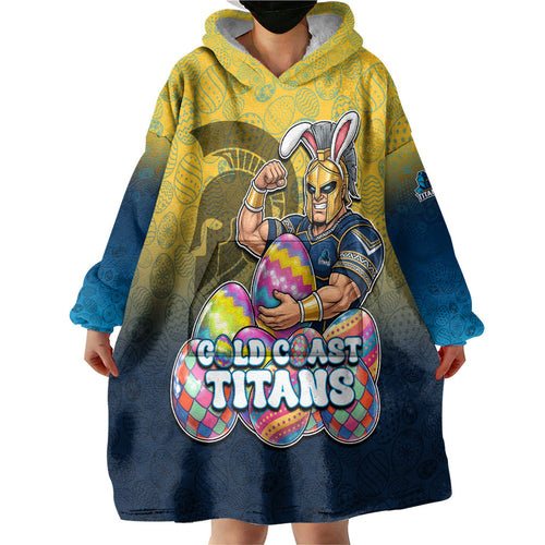 Personalized Gold Coast Titans Wearable Blanket Hoodie Easter Mascot - Colorful Eggs Cartoon Style