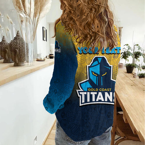 Personalized Gold Coast Titans Women Casual Shirt Easter Mascot - Colorful Eggs Cartoon Style