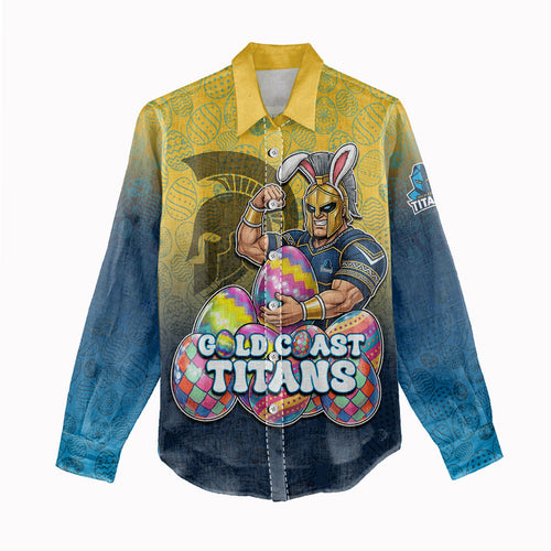 Personalized Gold Coast Titans Women Casual Shirt Easter Mascot - Colorful Eggs Cartoon Style