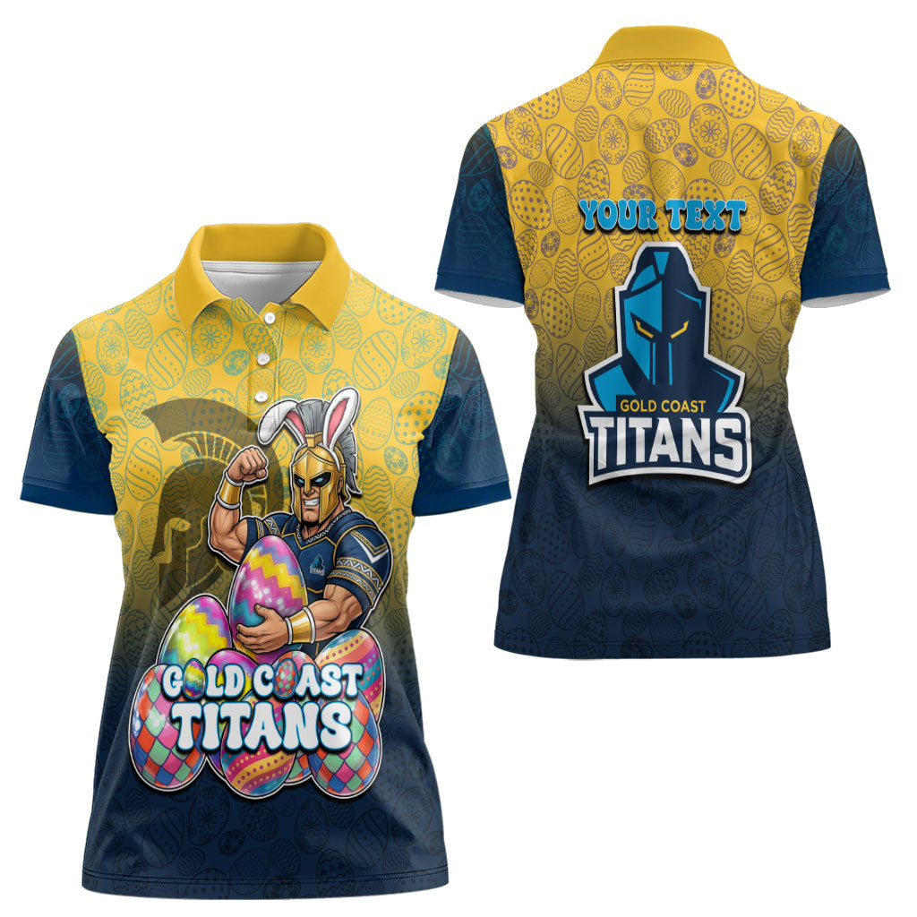 Personalized Gold Coast Titans Women Polo Shirt Easter Mascot - Colorful Eggs Cartoon Style