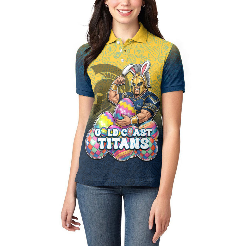 Personalized Gold Coast Titans Women Polo Shirt Easter Mascot - Colorful Eggs Cartoon Style