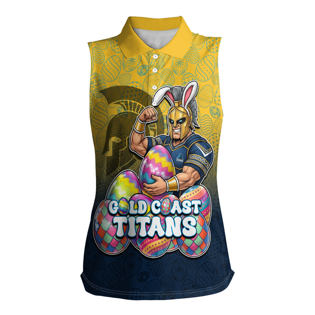 Personalized Gold Coast Titans Women Sleeveless Polo Shirt Easter Mascot - Colorful Eggs Cartoon Style
