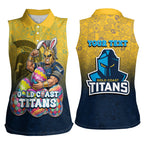 Personalized Gold Coast Titans Women Sleeveless Polo Shirt Easter Mascot - Colorful Eggs Cartoon Style