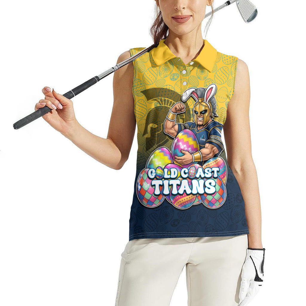 Personalized Gold Coast Titans Women Sleeveless Polo Shirt Easter Mascot - Colorful Eggs Cartoon Style