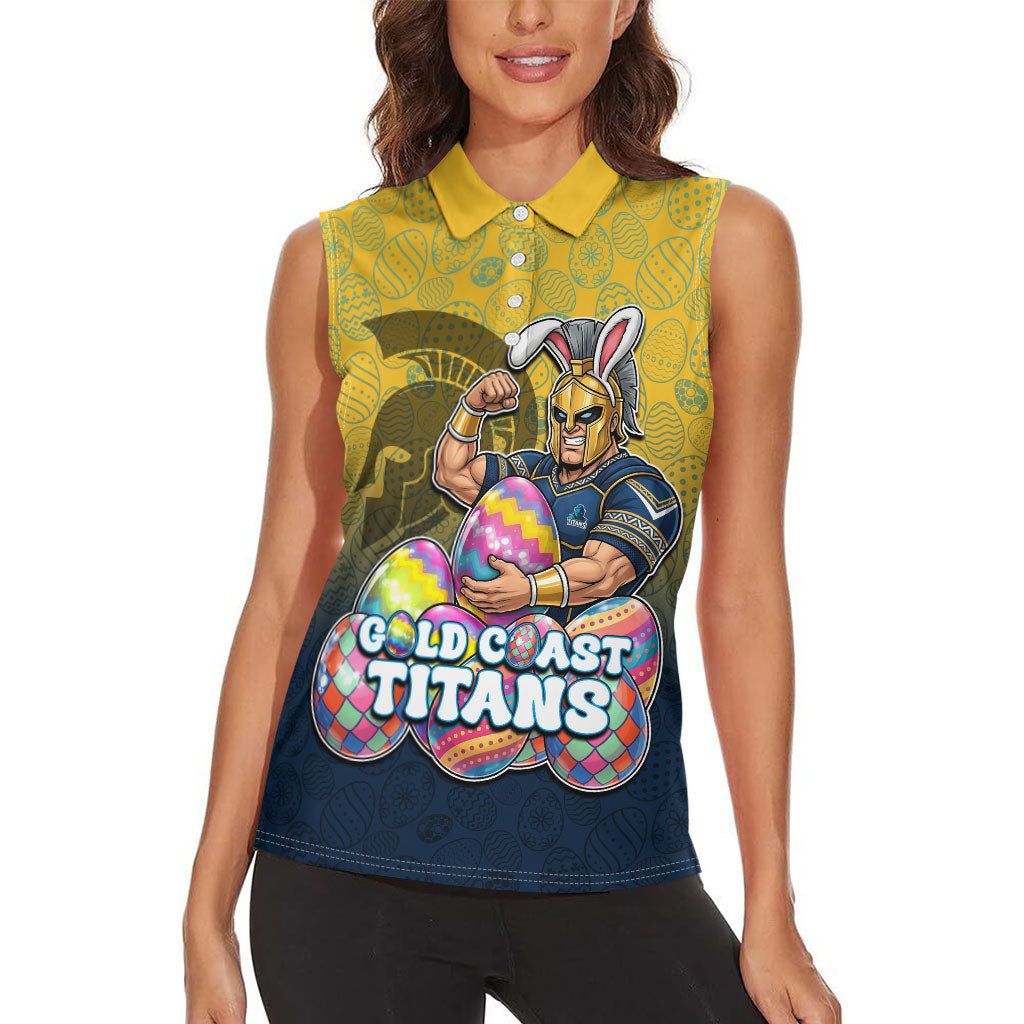 Personalized Gold Coast Titans Women Sleeveless Polo Shirt Easter Mascot - Colorful Eggs Cartoon Style
