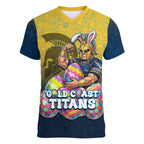 Personalized Gold Coast Titans Women V-Neck T-Shirt Easter Mascot - Colorful Eggs Cartoon Style