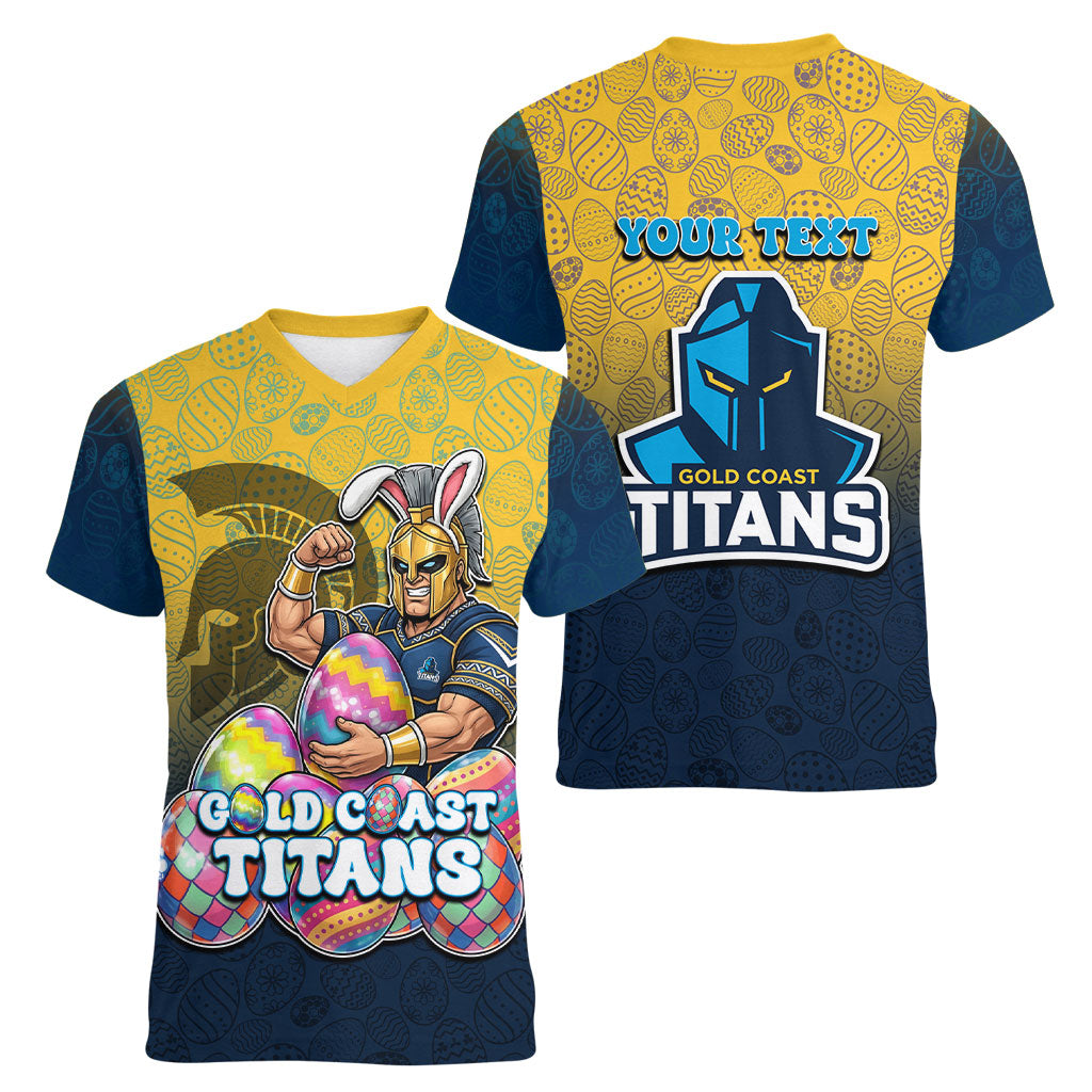 Personalized Gold Coast Titans Women V-Neck T-Shirt Easter Mascot - Colorful Eggs Cartoon Style