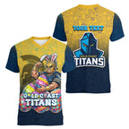 Personalized Gold Coast Titans Women V-Neck T-Shirt Easter Mascot - Colorful Eggs Cartoon Style