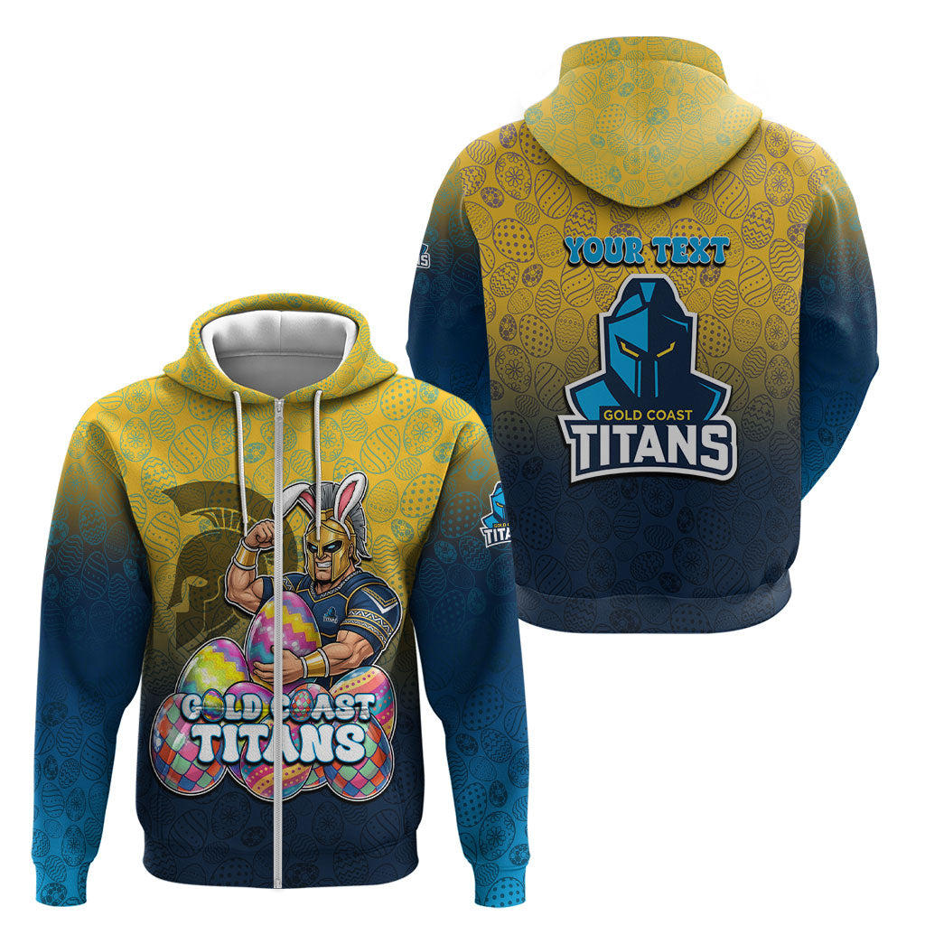 Personalized Gold Coast Titans Zip Hoodie Easter Mascot - Colorful Eggs Cartoon Style