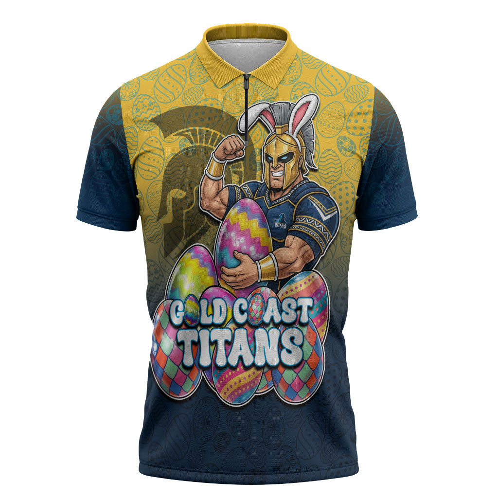 Personalized Gold Coast Titans Zipper Polo Shirt Easter Mascot - Colorful Eggs Cartoon Style