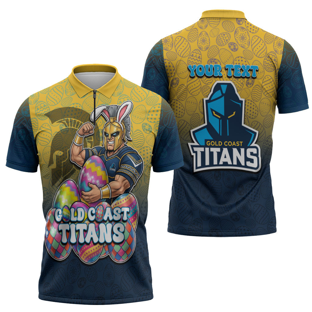 Personalized Gold Coast Titans Zipper Polo Shirt Easter Mascot - Colorful Eggs Cartoon Style