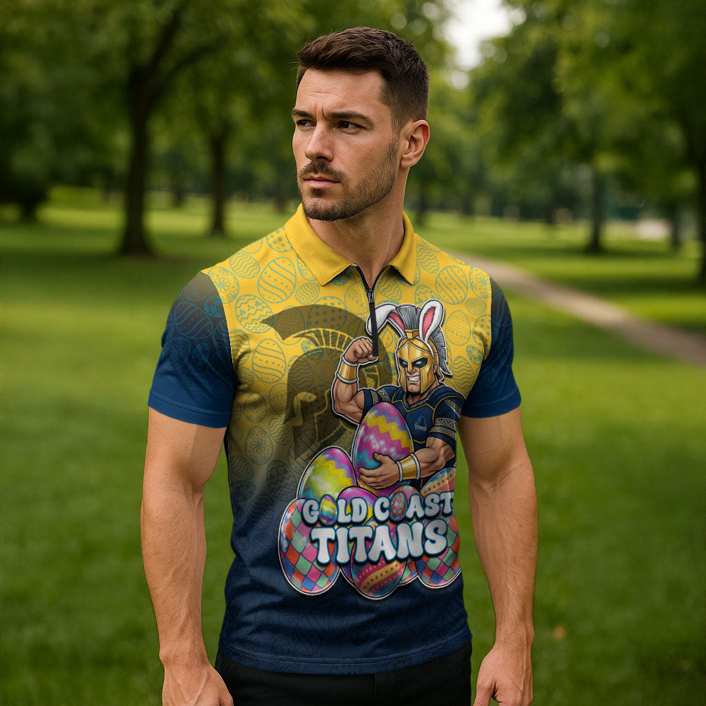 Personalized Gold Coast Titans Zipper Polo Shirt Easter Mascot - Colorful Eggs Cartoon Style