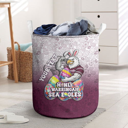 Personalized Manly Warringah Sea Eagles Laundry Basket Easter Mascot - Colorful Eggs Cartoon Style