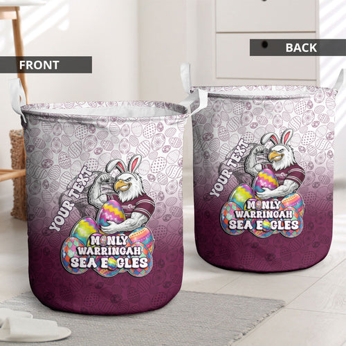 Personalized Manly Warringah Sea Eagles Laundry Basket Easter Mascot - Colorful Eggs Cartoon Style