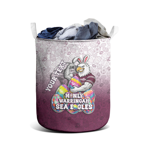 Personalized Manly Warringah Sea Eagles Laundry Basket Easter Mascot - Colorful Eggs Cartoon Style