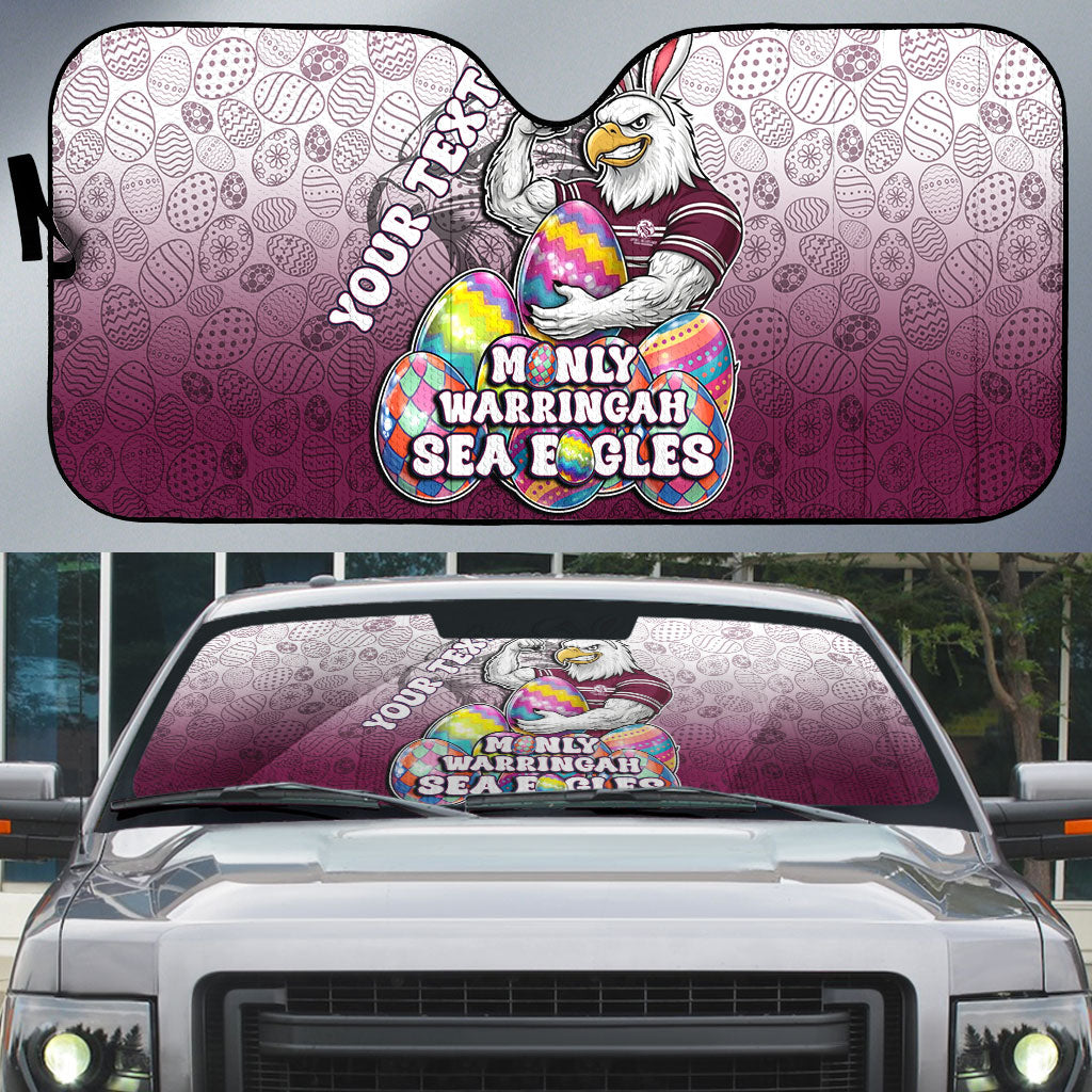 Personalized Manly Warringah Sea Eagles Auto Sun Shade Easter Mascot - Colorful Eggs Cartoon Style