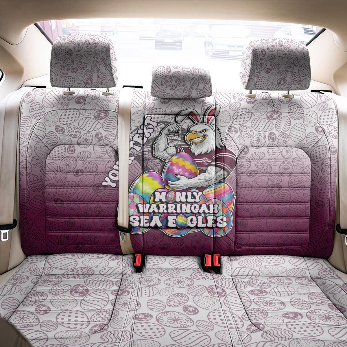 Personalized Manly Warringah Sea Eagles Back Car Seat Cover Easter Mascot - Colorful Eggs Cartoon Style