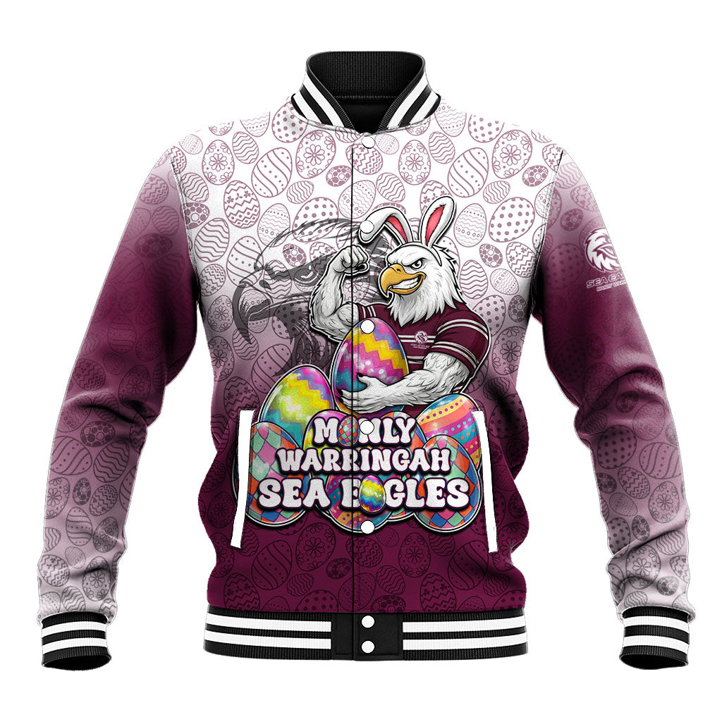 Personalized Manly Warringah Sea Eagles Baseball Jacket Easter Mascot - Colorful Eggs Cartoon Style
