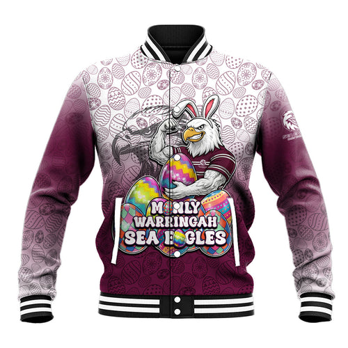 Personalized Manly Warringah Sea Eagles Baseball Jacket Easter Mascot - Colorful Eggs Cartoon Style