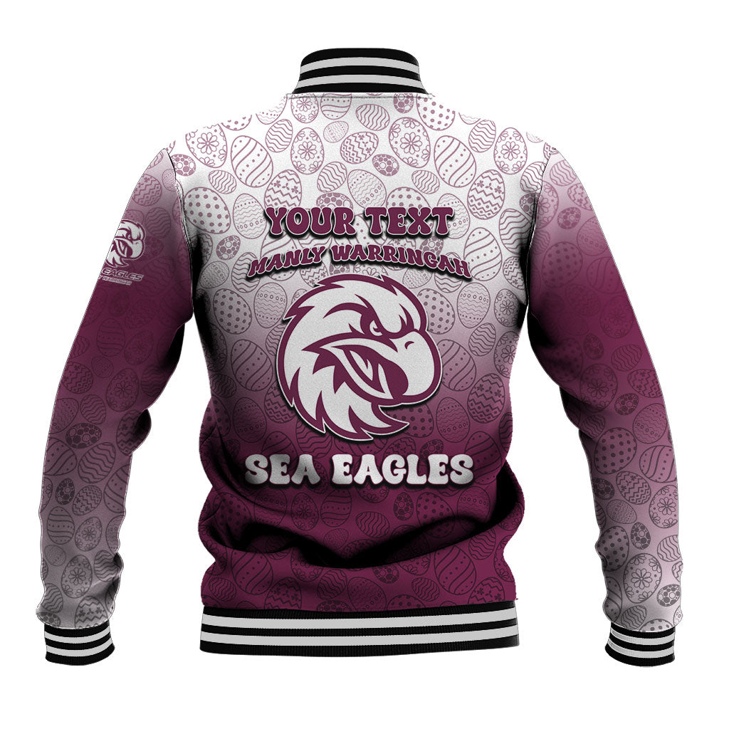 Personalized Manly Warringah Sea Eagles Baseball Jacket Easter Mascot - Colorful Eggs Cartoon Style