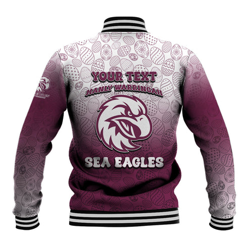 Personalized Manly Warringah Sea Eagles Baseball Jacket Easter Mascot - Colorful Eggs Cartoon Style