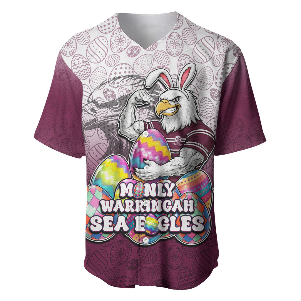 Personalized Manly Warringah Sea Eagles Baseball Jersey Easter Mascot - Colorful Eggs Cartoon Style