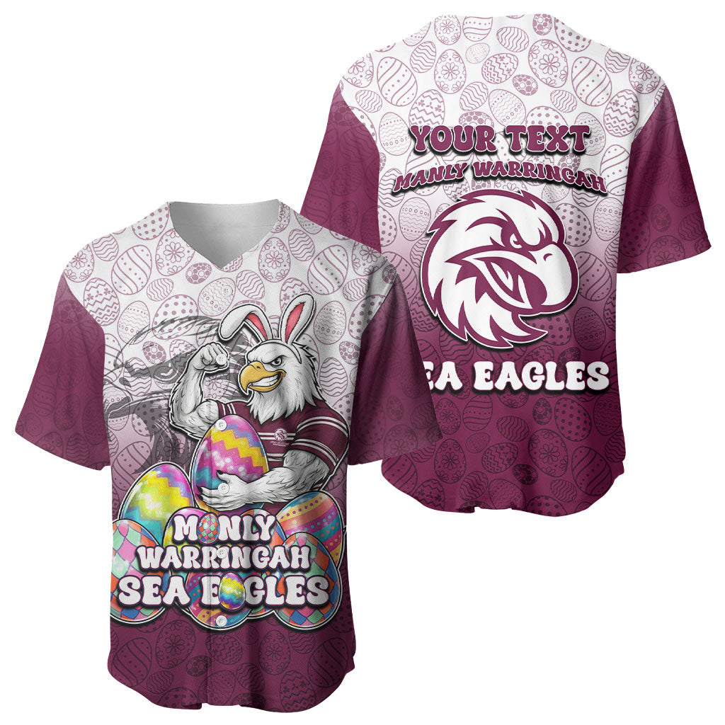 Personalized Manly Warringah Sea Eagles Baseball Jersey Easter Mascot - Colorful Eggs Cartoon Style