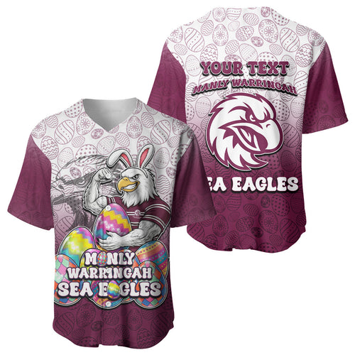 Personalized Manly Warringah Sea Eagles Baseball Jersey Easter Mascot - Colorful Eggs Cartoon Style