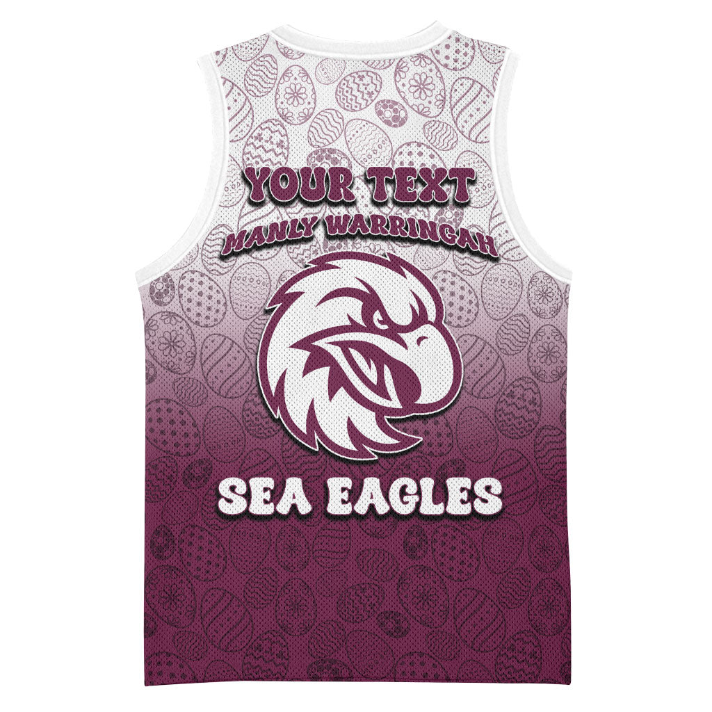 Personalized Manly Warringah Sea Eagles Basketball Jersey Easter Mascot - Colorful Eggs Cartoon Style