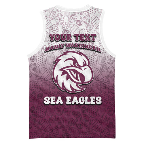Personalized Manly Warringah Sea Eagles Basketball Jersey Easter Mascot - Colorful Eggs Cartoon Style
