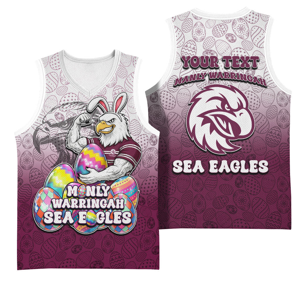 Personalized Manly Warringah Sea Eagles Basketball Jersey Easter Mascot - Colorful Eggs Cartoon Style